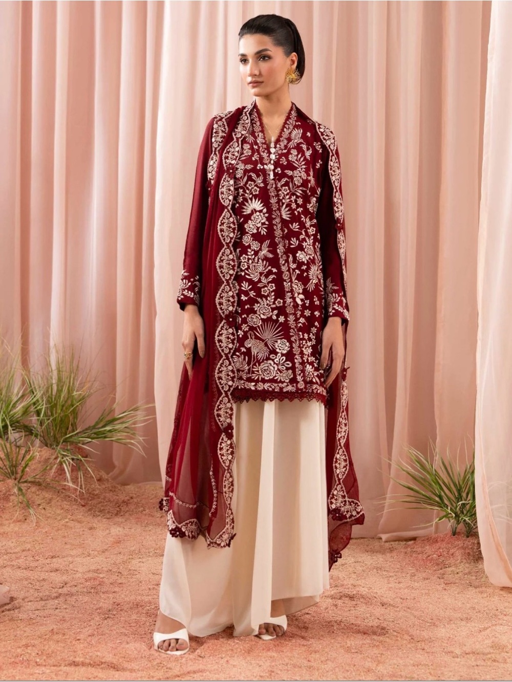Embroidered Maroon Tunic with Cream Palazzo - Women's Tunic Set